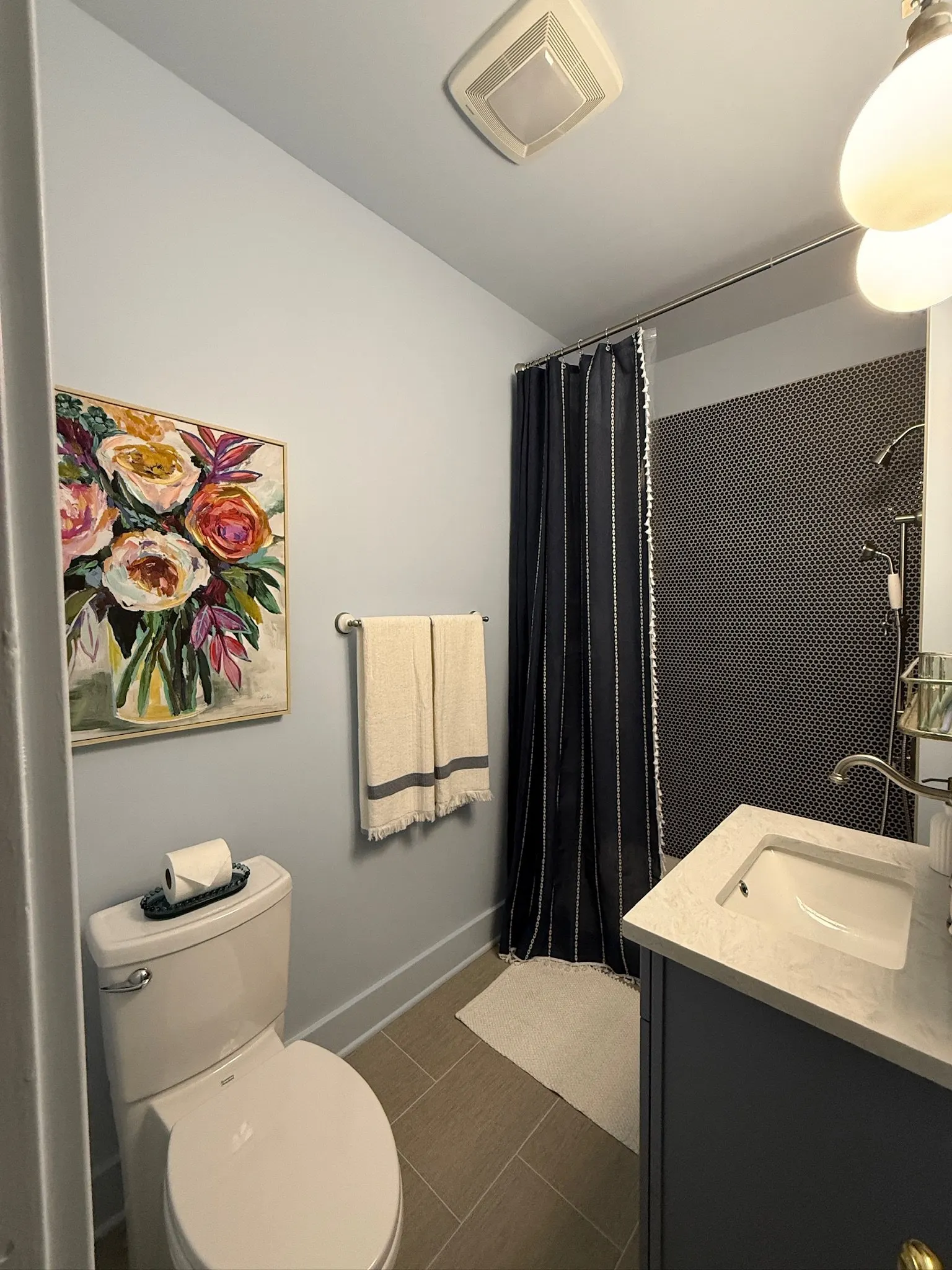 Modern bathroom with a white toilet, wall art, towels, black and gray shower curtain, and a sink with a mirror.