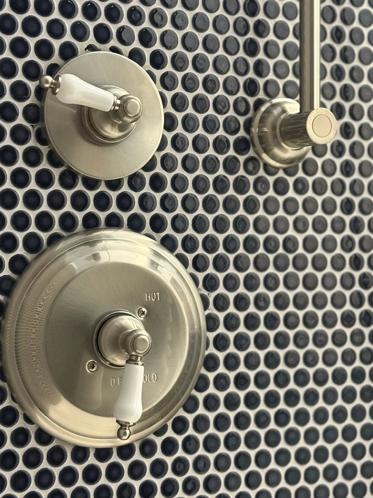 Close-up of a shower control panel with a hot and cold water handle and a diverter switch, mounted on a black and white patterned wall.