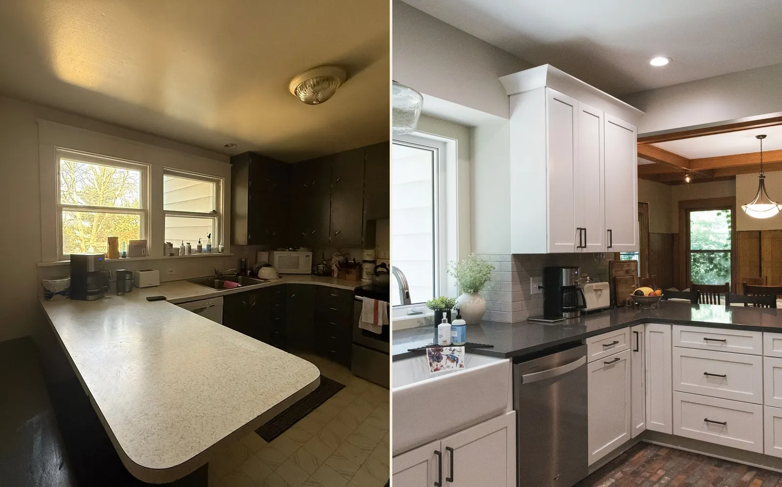 Side-by-side before and after. Before: a low ceiling, dark cabinets, and a laminate peninsula. After: white shaker cabinets, a quartz counter, and a brick floor.