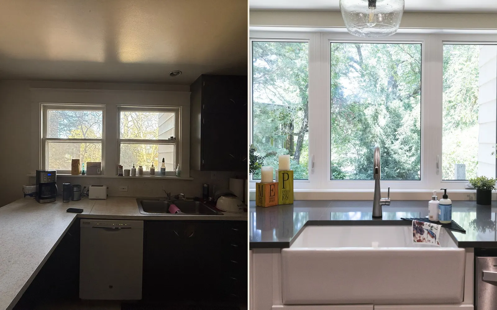 Side-by-side before and after of the sink wall. Before: two small windows over a laminate counter. After: a bay window with the counter running into it over a fireclay sink.