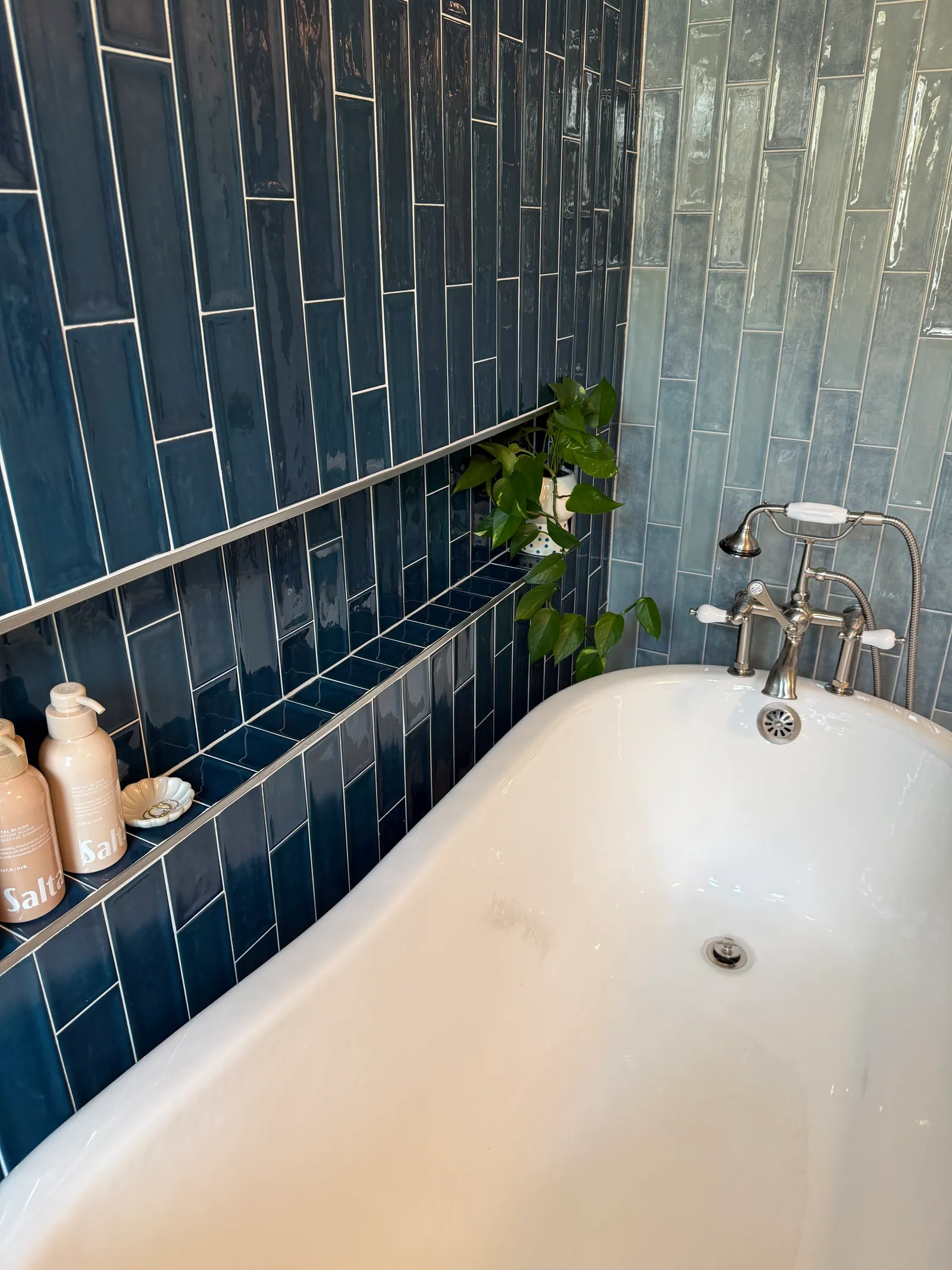 Close-up of a white bathtub against a blue tiled wall, with a green plant on a shelf and bottles of bath products nearby.