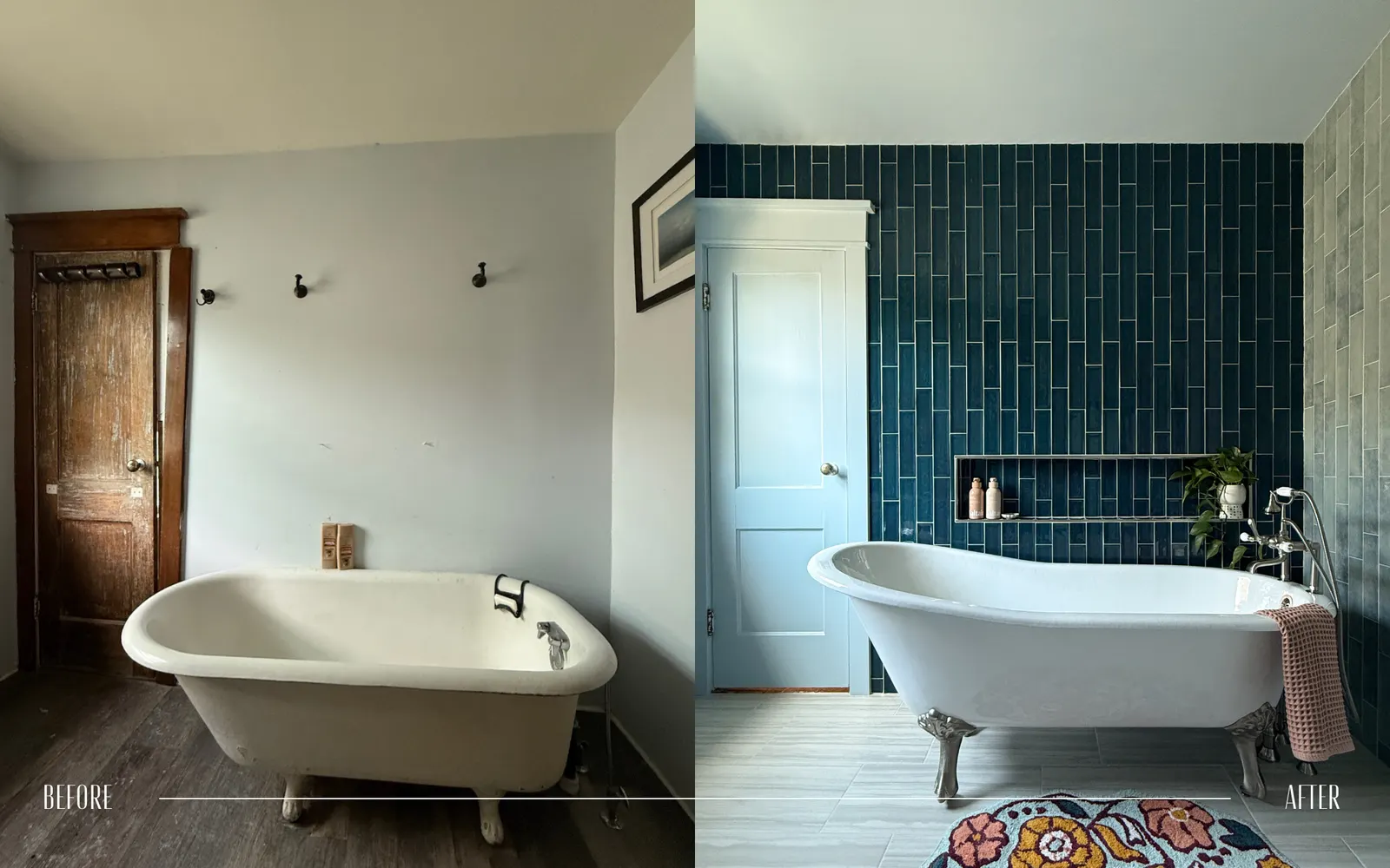 Comparison photo showing a bathroom before and after renovation. The 'before' side features a plain bathroom with a white bathtub, empty wall, wooden door, and dark wood flooring. The 'after' side displays a modern bathroom with a clawfoot bathtub, d