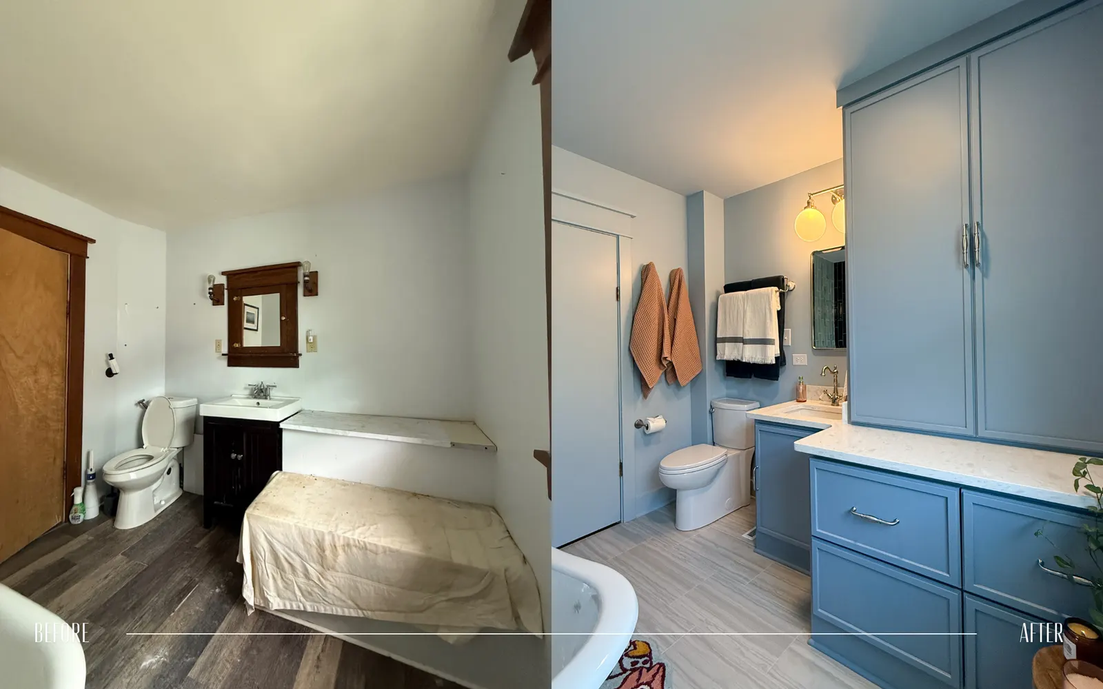 Side-by-side comparison of a bathroom before and after renovation. The before image shows an outdated bathroom with a plain white wall, dark wood accents, and a cluttered, unstyled appearance. The after image displays a modern bathroom with light blu