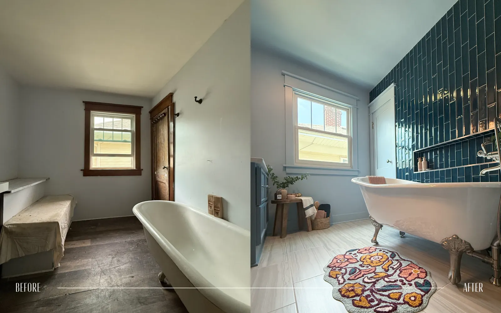 Split view of a bathroom renovation showing an old, dull, and messy room on the left with a worn bathtub and dark wooden floor, and a modern, bright, and clean bathroom on the right with a white clawfoot tub, a vibrant blue tiled wall, a colorful rug