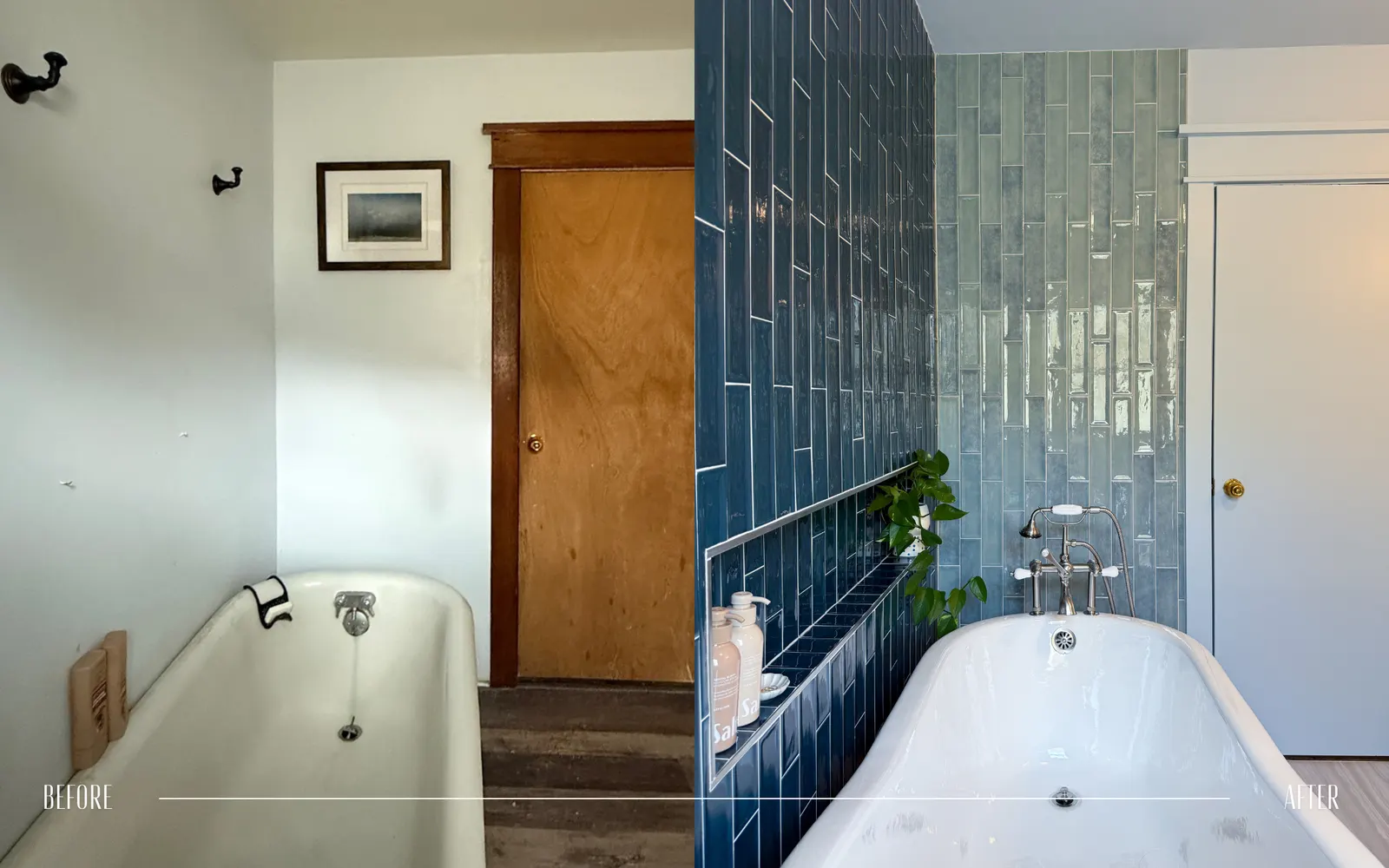 Split view of a bathroom before and after renovation. Left side shows an older bathtub with a white wall and wooden door, right side features a modern bathroom with blue tile wall, white bathtub, and plant.