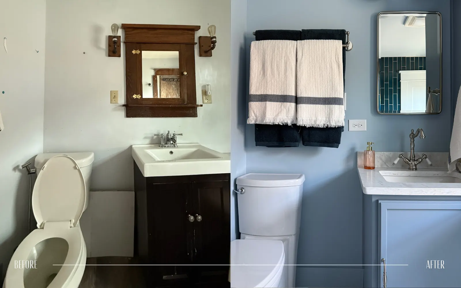 Split view of a bathroom showing before and after renovation. The left side features an outdated bathroom with a white toilet, a small sink with a dark cabinet, a wooden framed mirror, and bare walls. The right side displays a modern bathroom with a