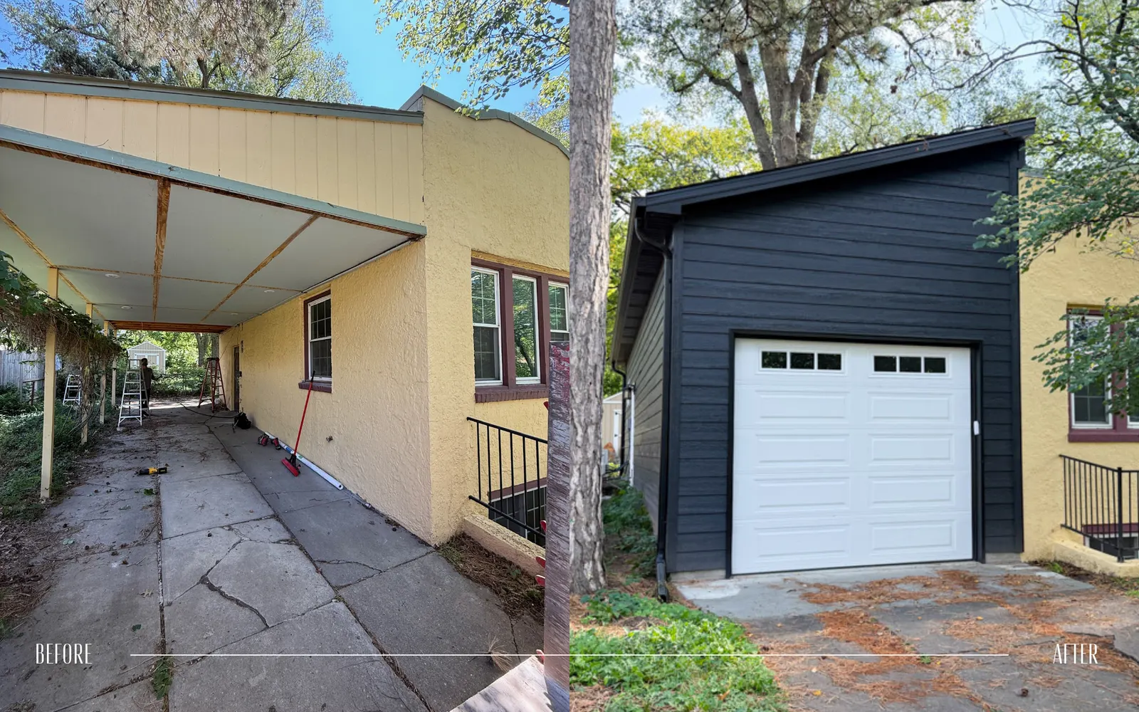 Side-by-side comparison of a house exterior before and after renovation. The left shows a yellow house with a patio, ladder, and construction tools. The right shows the same house with a new black exterior siding and a white garage door, with some di