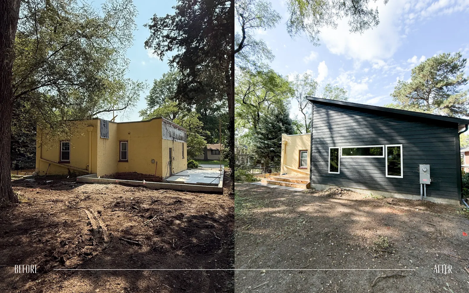 A side-by-side comparison of a house before and after renovation. The 'before' image shows a yellow house with a flat roof under construction, with exposed concrete and dirt on the ground. The 'after' image shows the same house fully renovated with b