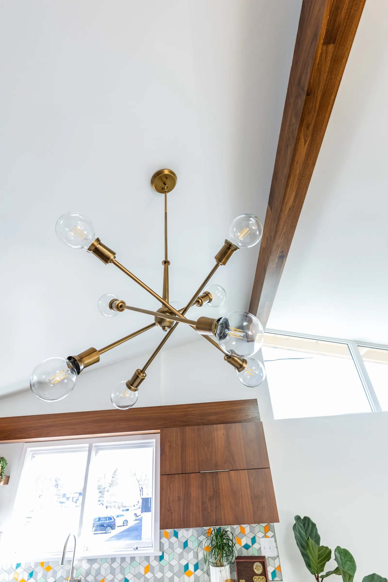 1956 Kitchen Remodel, mid century modern design, mixed metals, wood cabinets, colorful tile backsplash, white quartz countertops, large windows, wood floors, vaulted ceilings, craftsmanship, custom cabinets, large island, wood beam