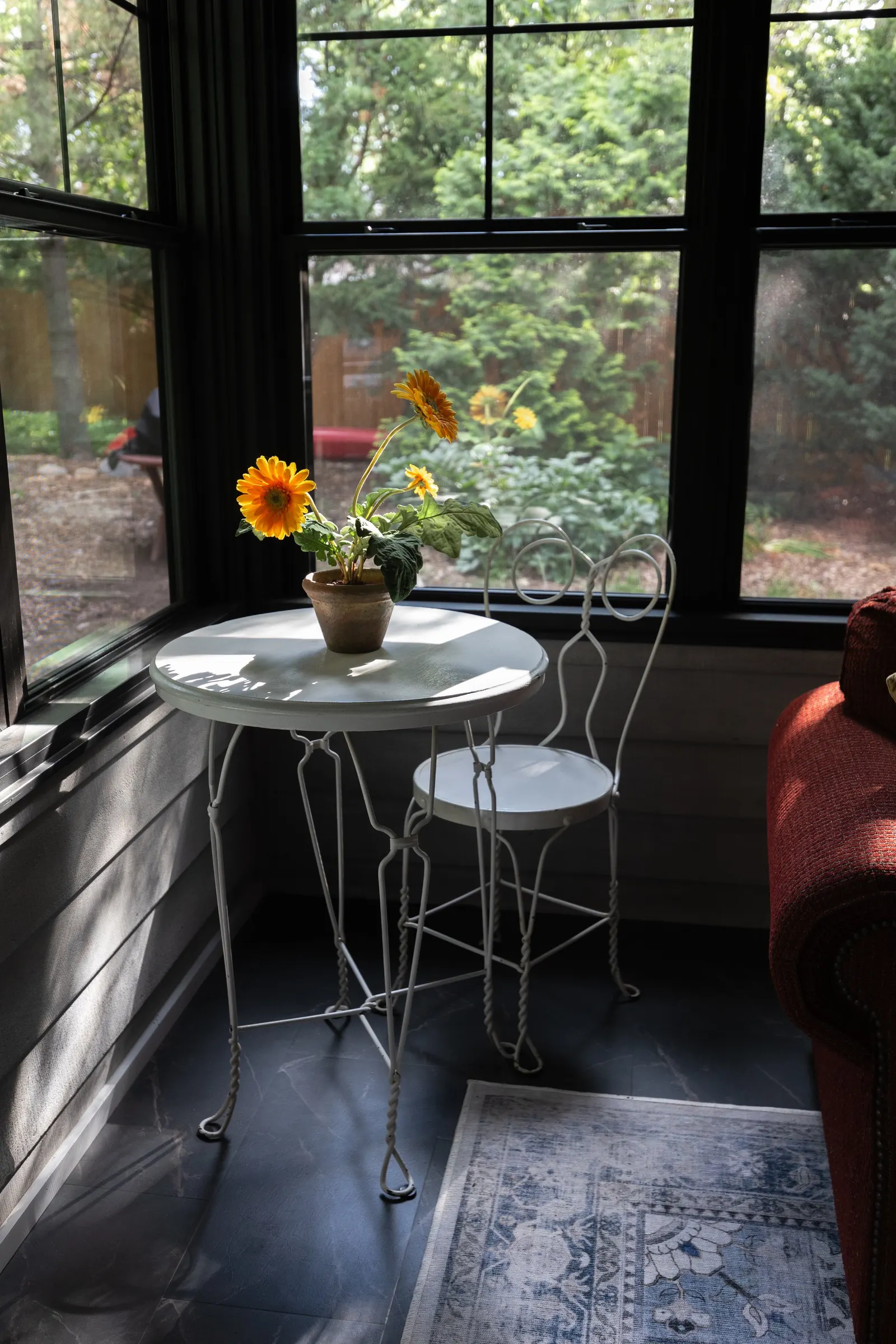Sunflower in a small pot on a white round table near a window showing an outdoor garden with trees and greenery.