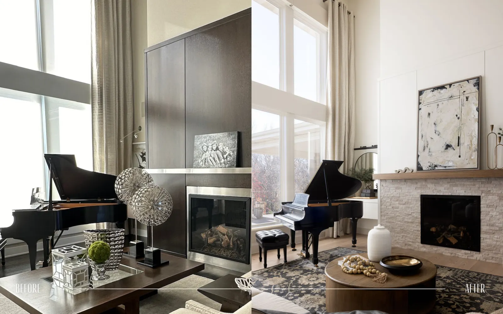 Comparison of a living room setup before and after renovation: on the left, a darker, cluttered room with a double-sided fireplace, a gray cabinet, and a black grand piano; on the right, a brighter, minimalist room with a white brick fireplace, a mod