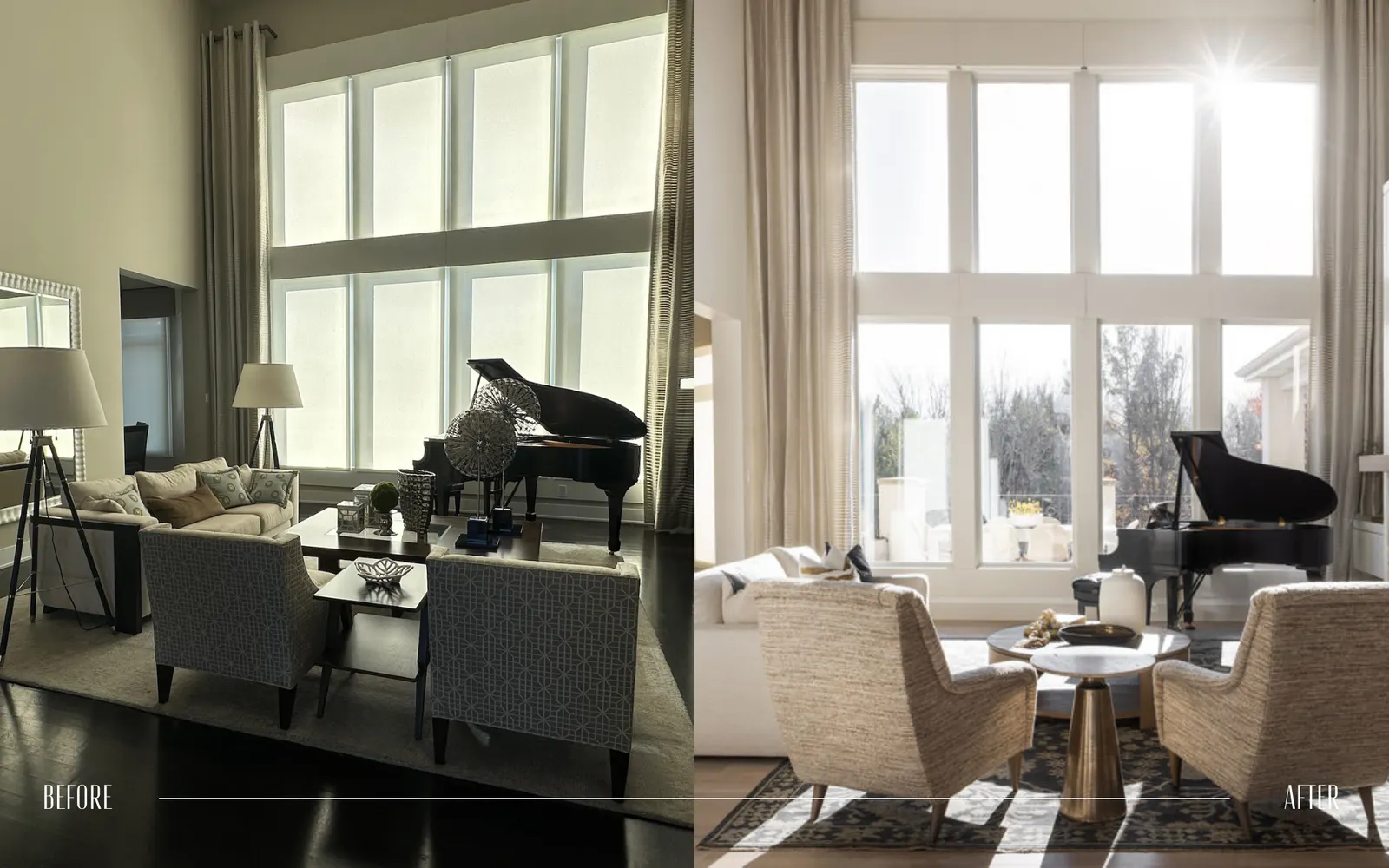 Comparison of living room interiors before and after renovation, featuring large windows, a grand piano, and seating area with a coffee table, with the after image showing brighter decor and more natural light.