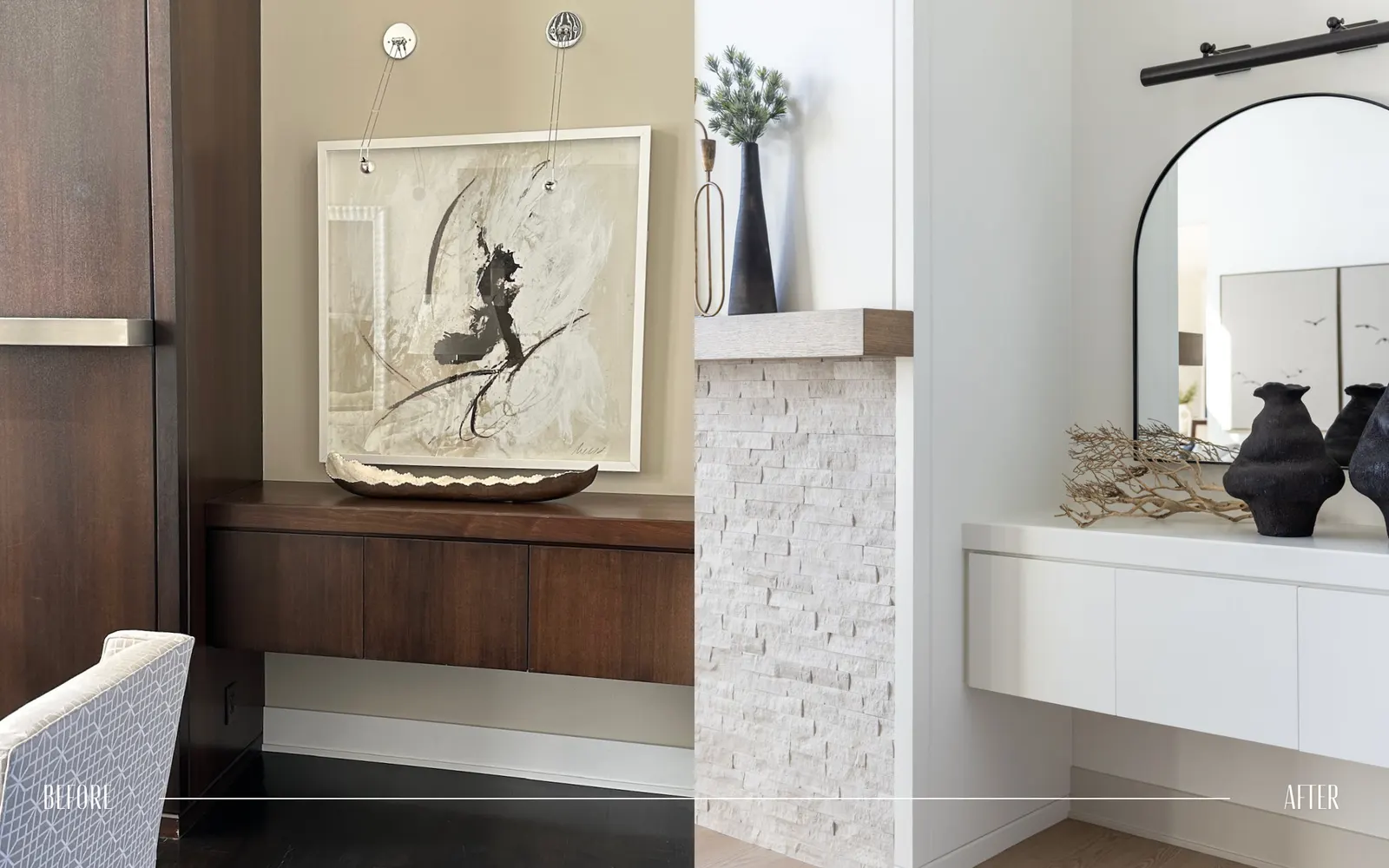 Side-by-side comparison of a room before and after renovation. The 'before' side features dark wooden furniture, a large abstract painting, and a decorative bowl. The 'after' side displays a bright white wall, modern white cabinetry, a mirror, and de
