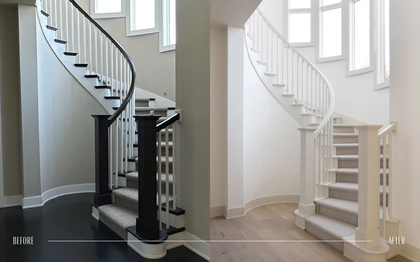 Comparison of staircase renovation: before on the left with dark wood and black accents, after on the right with white wood and light flooring.