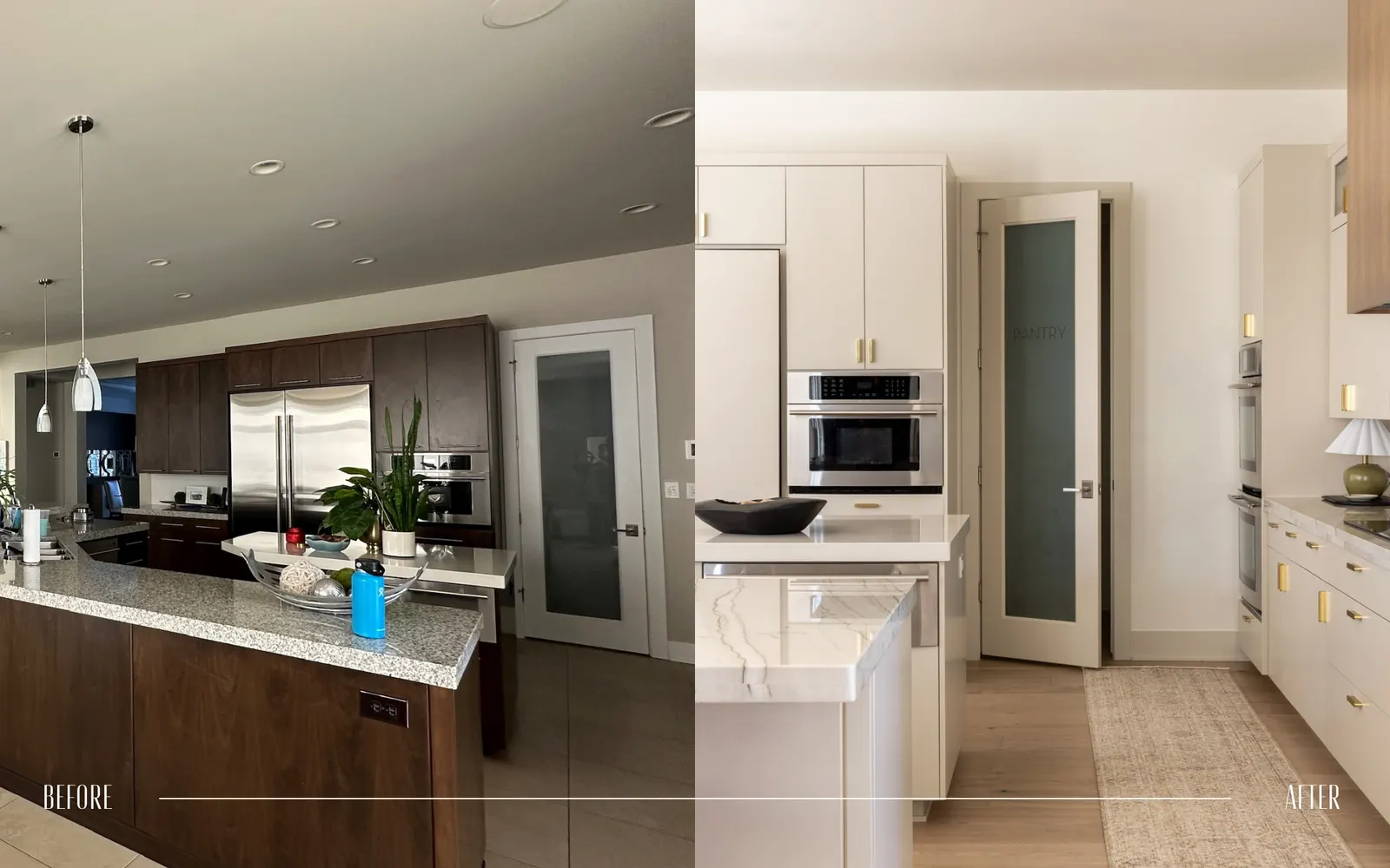 Comparison of kitchen before and after renovation: the left side shows a darker kitchen with brown cabinets and a granite countertop, while the right side displays a brighter, modern kitchen with white cabinets, a marble countertop, and gold accents.