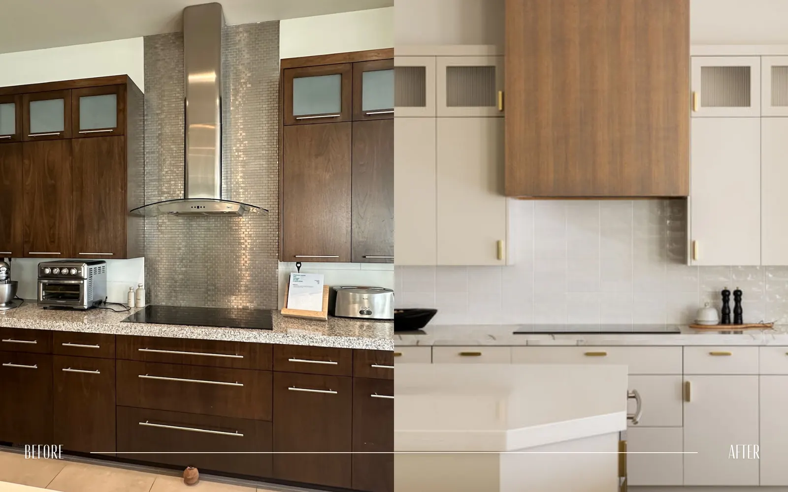 Comparison of two kitchen styles, showing a before and after renovation with a split image. The left side features a darker wood cabinetry, stainless steel appliances, and a mosaic backsplash, while the right side shows a lighter, minimalist style wi