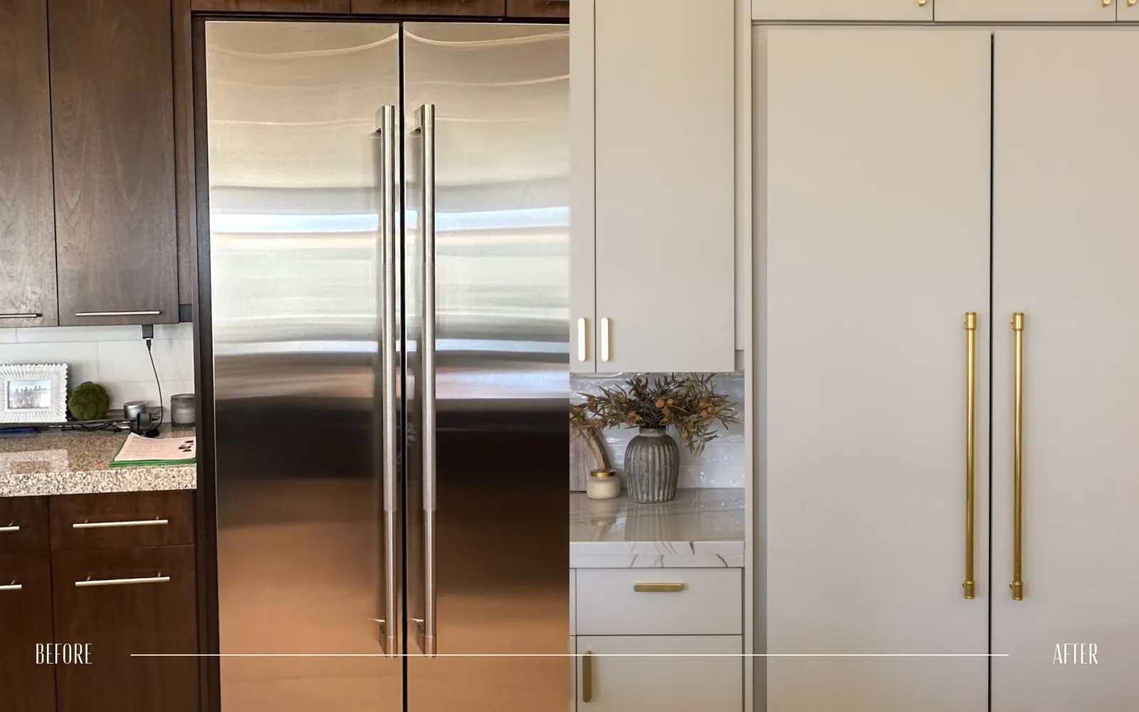 Kitchen cabinet transformation showing a switch from dark wood cabinets and brown countertop on the left to white cabinets with gold handles and a marble countertop on the right.