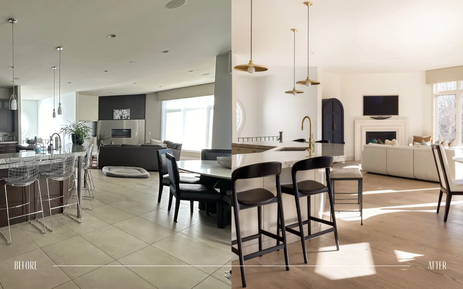 A comparison of a living space before and after renovation. The left side shows a darker, more cluttered room with tile flooring, while the right side shows a brighter, cleaner room with light-colored hardwood flooring.
