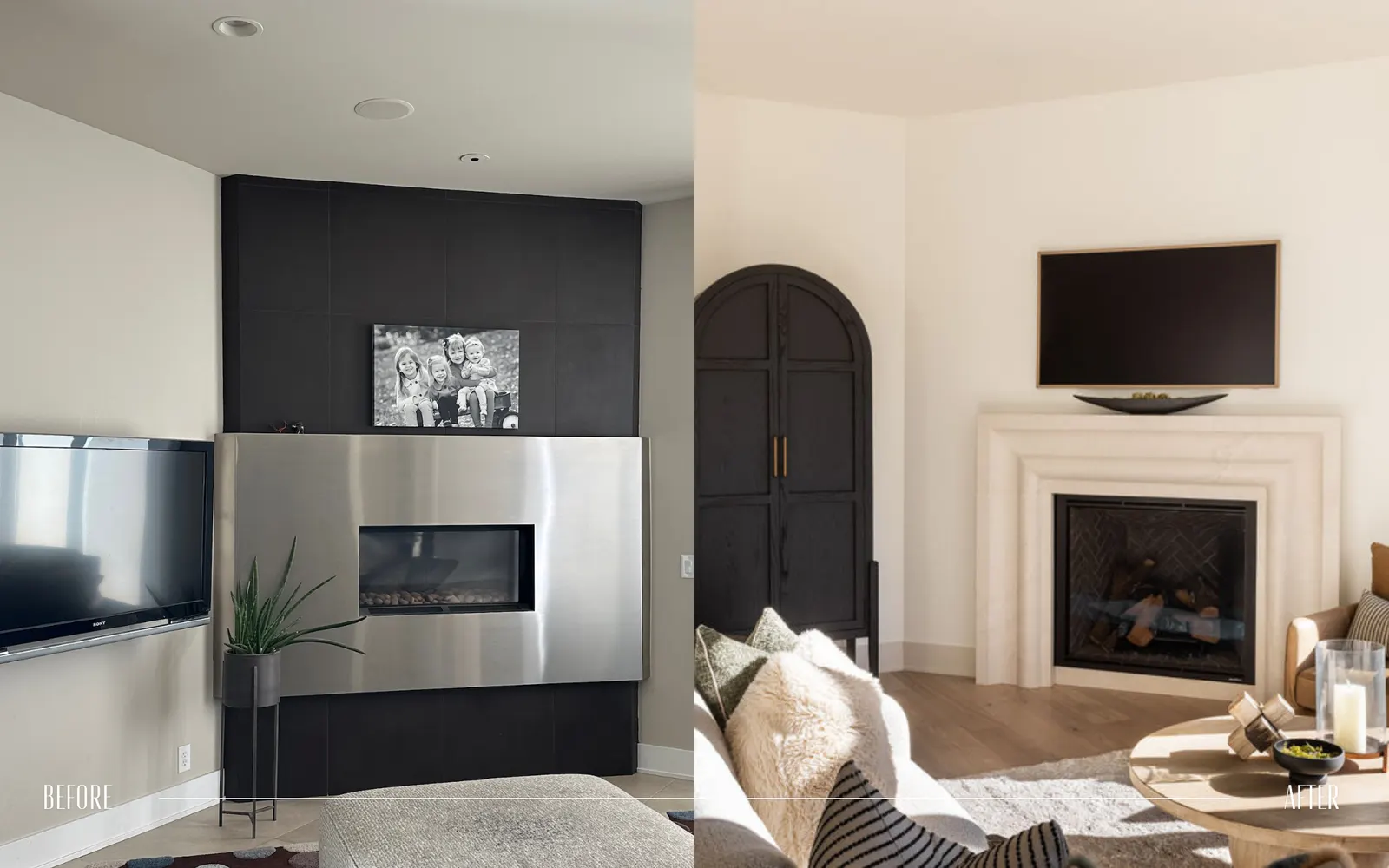 Side-by-side comparison of a living room before and after renovation; left shows a plain white wall with a modern black fireplace and a small TV, right shows a renovated room with a white fireplace, a flat-screen TV above, and a cozy seating area wit