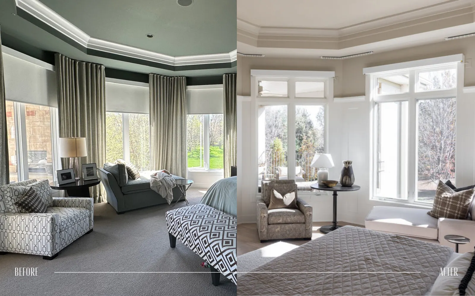 Side-by-side comparison of a living room before and after renovation. The 'before' shows a room with darker walls, thick curtains, patterned furniture, and a carpeted floor. The 'after' displays a brighter, modernized space with light-colored walls,