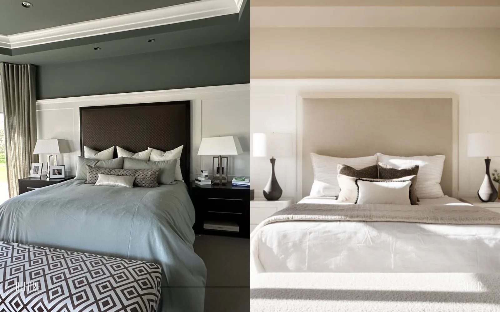 Split-screen comparison of a bedroom before and after renovation. The 'before' side shows a room with dark green walls, a dark headboard, and a darker comforter. The 'after' side features a light, neutral-colored wall, a beige headboard, and a cream-