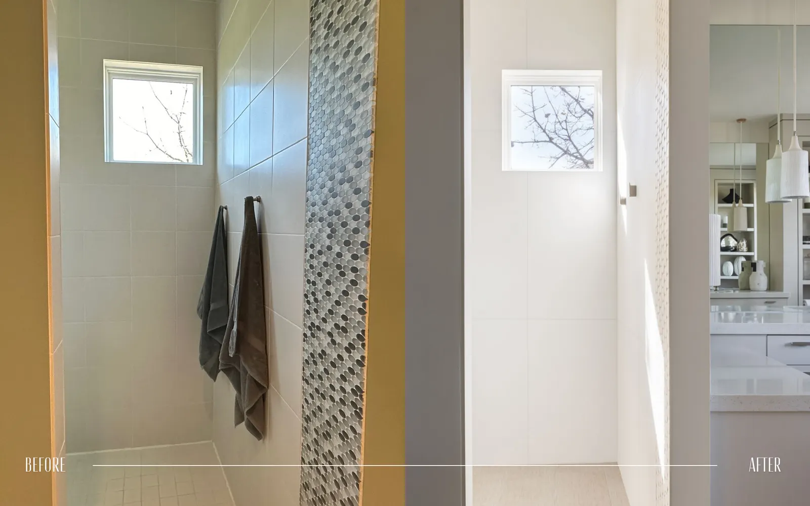 A side-by-side comparison of a shower area before and after renovation. The 'before' side shows a shower with beige tiles, two towels hanging, and a small window. The 'after' side displays a cleaner, brighter white ceramic tile wall with a larger win