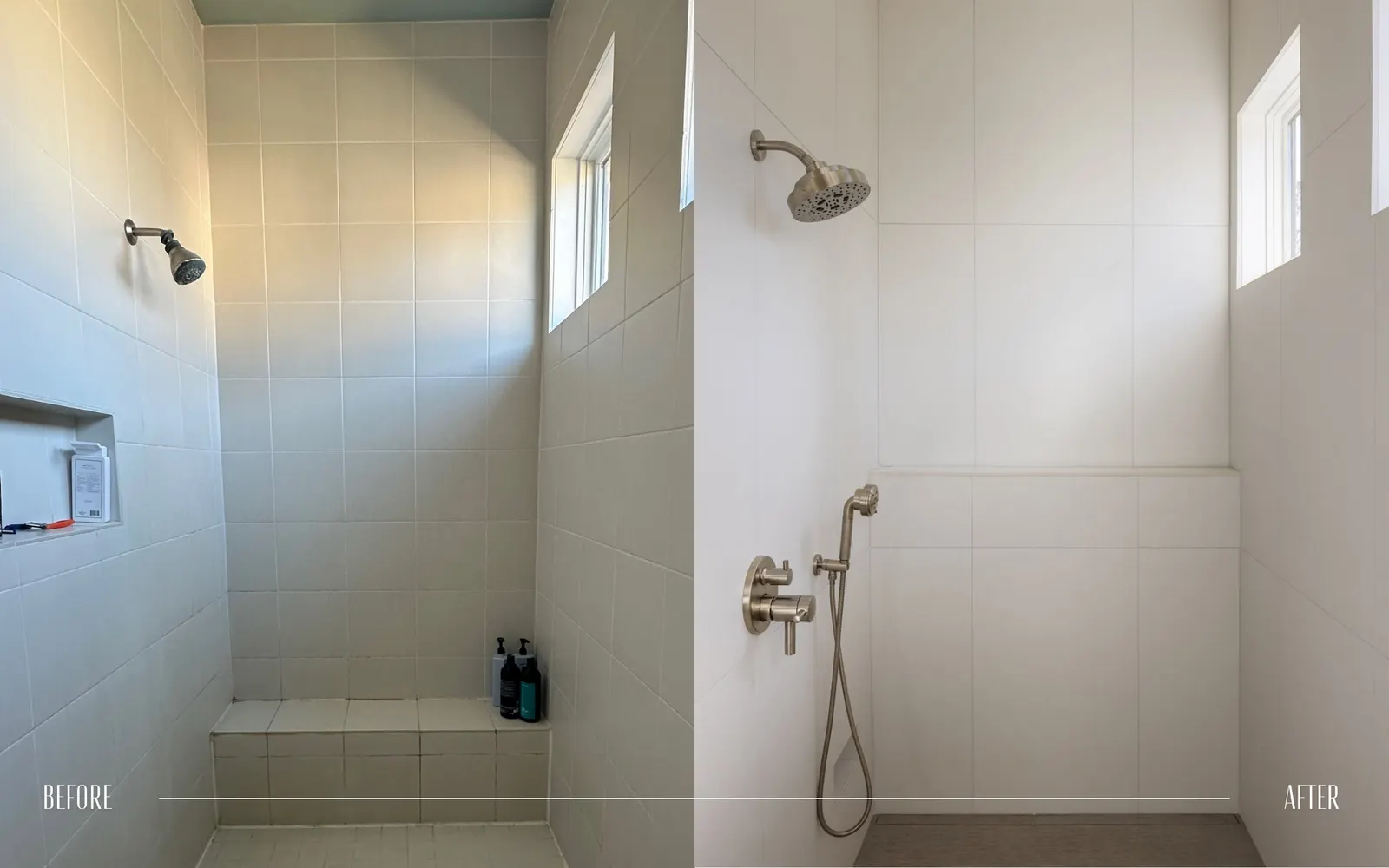 Comparison of a shower space before and after renovation, showing cleaner, more modern design with improved fixtures and finishes.