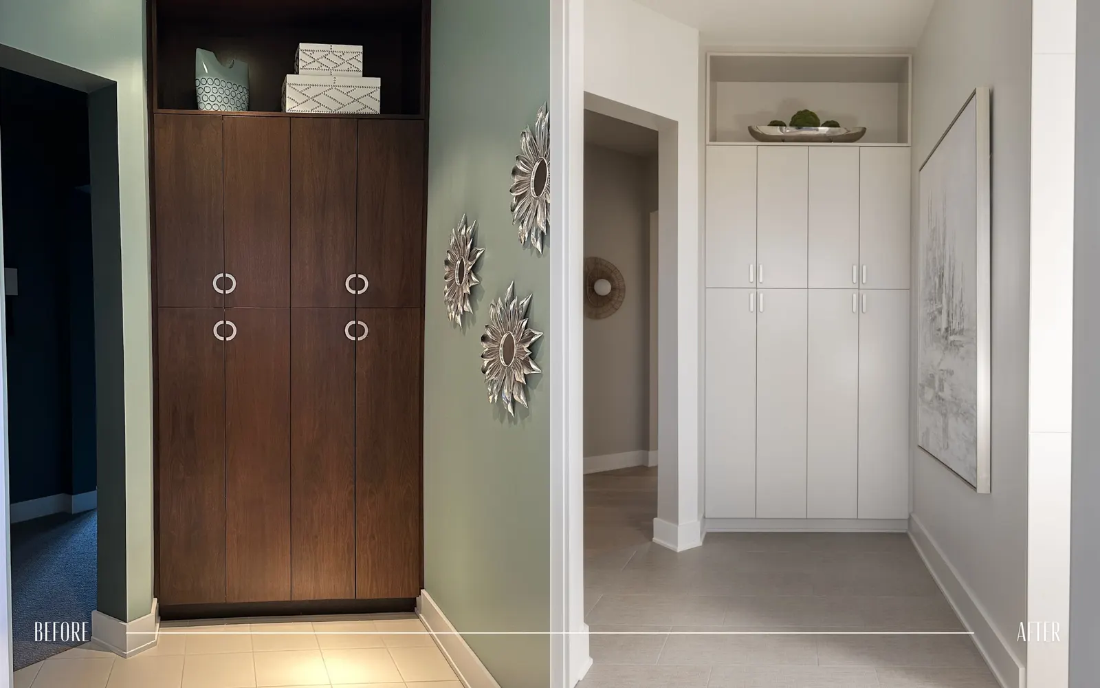 Comparison of an entryway before and after renovation, showing a change from a dark wood cabinet and green wall to a white built-in cabinet and white wall with modern decor.