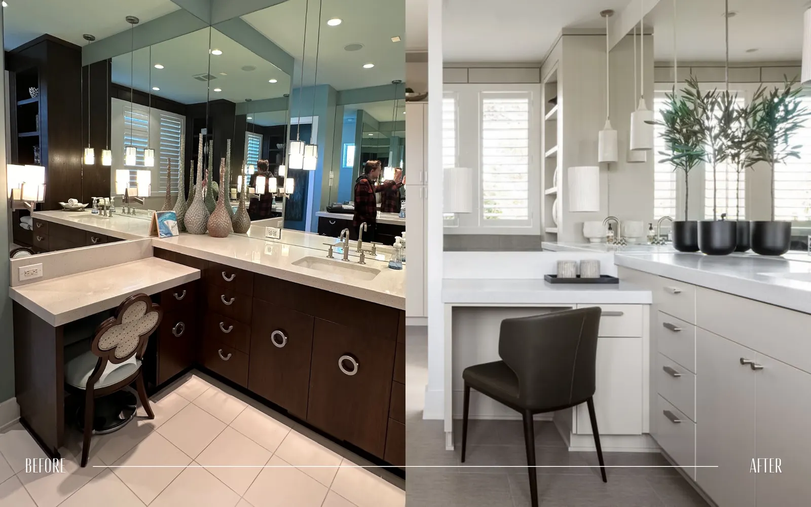 Comparison of kitchen before and after renovation. The before kitchen has dark wood cabinets, multiple pendant lights, and a decorative chair. The after kitchen features white cabinets, minimal lighting, and modern black planters with plants.