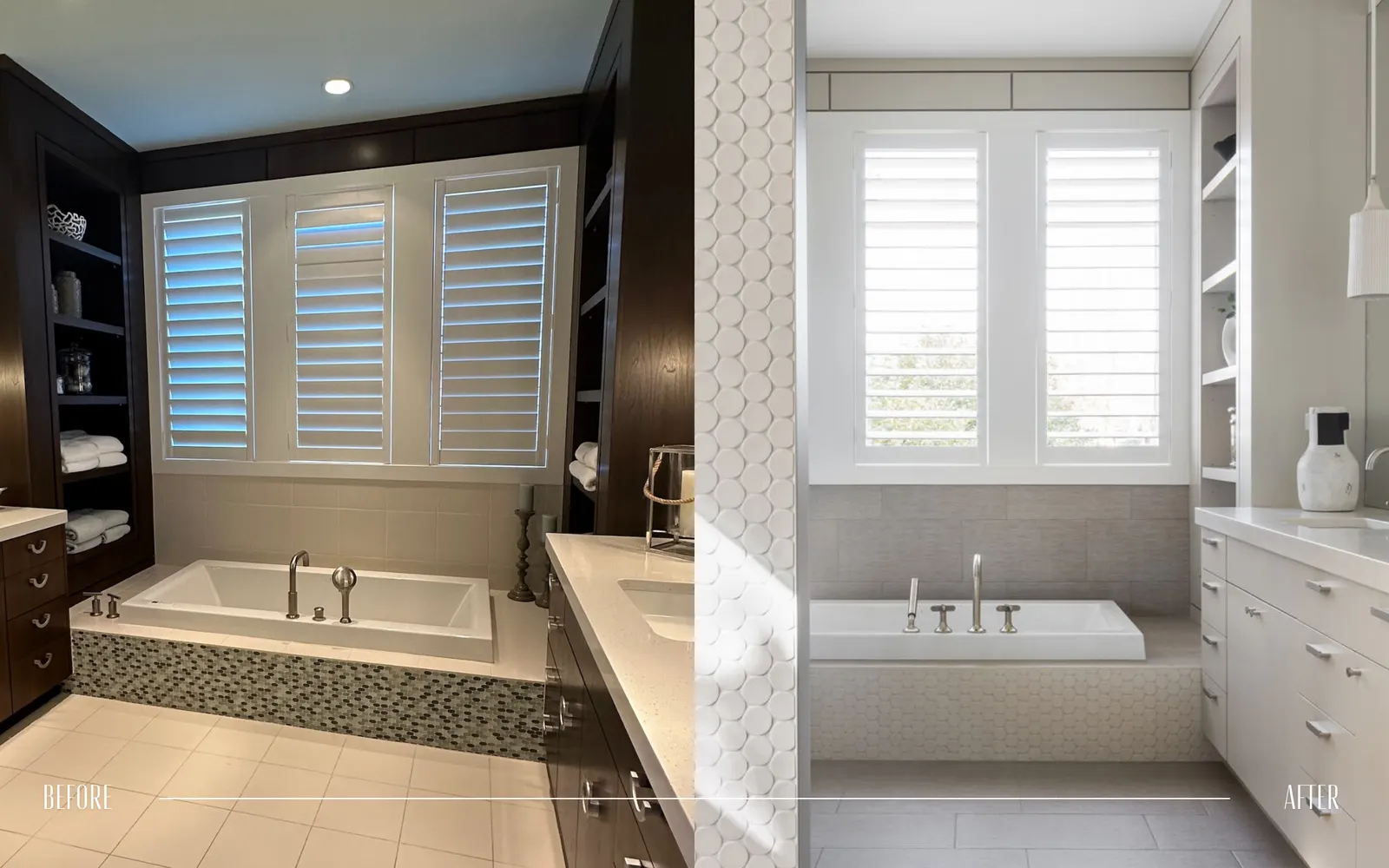 Side-by-side comparison of a bathroom before and after renovation. The 'before' bathroom has dark wood cabinetry, beige tile flooring, and dark window shutters, while the 'after' bathroom features white cabinetry, light gray flooring, and white windo