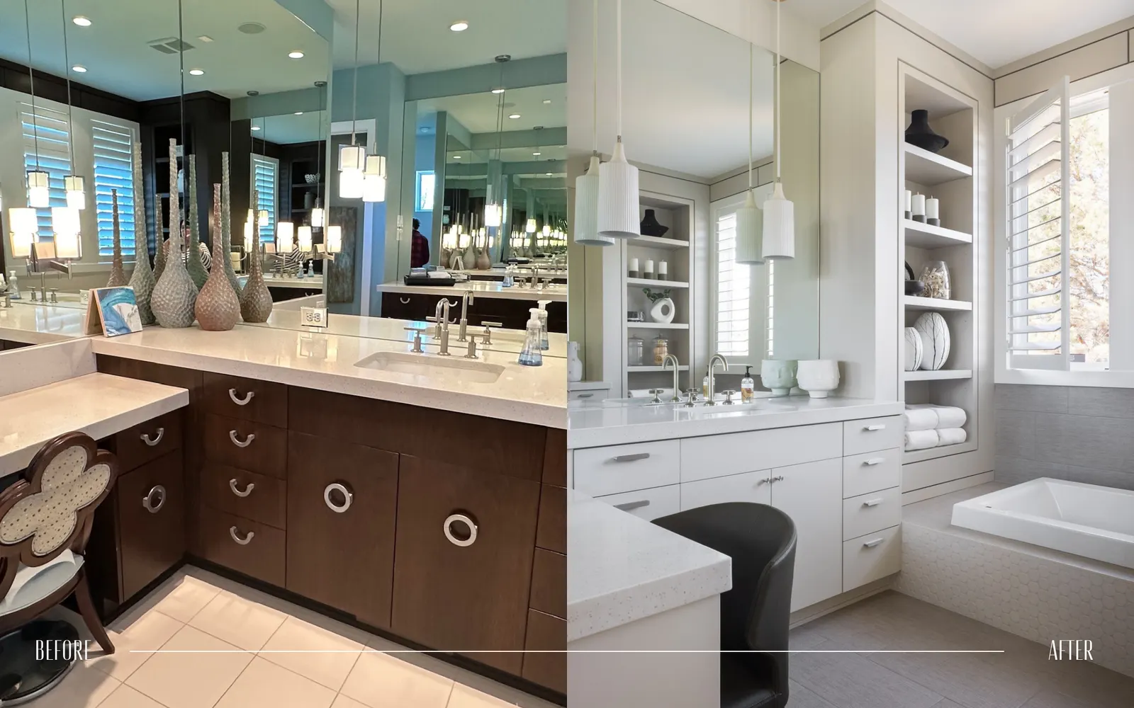 A side-by-side comparison of a bathroom before and after renovation: the left shows a cluttered, dark wood cabinet with a beige countertop, while the right features a light, modern bathroom with white cabinets, a large mirror, and a bathtub.