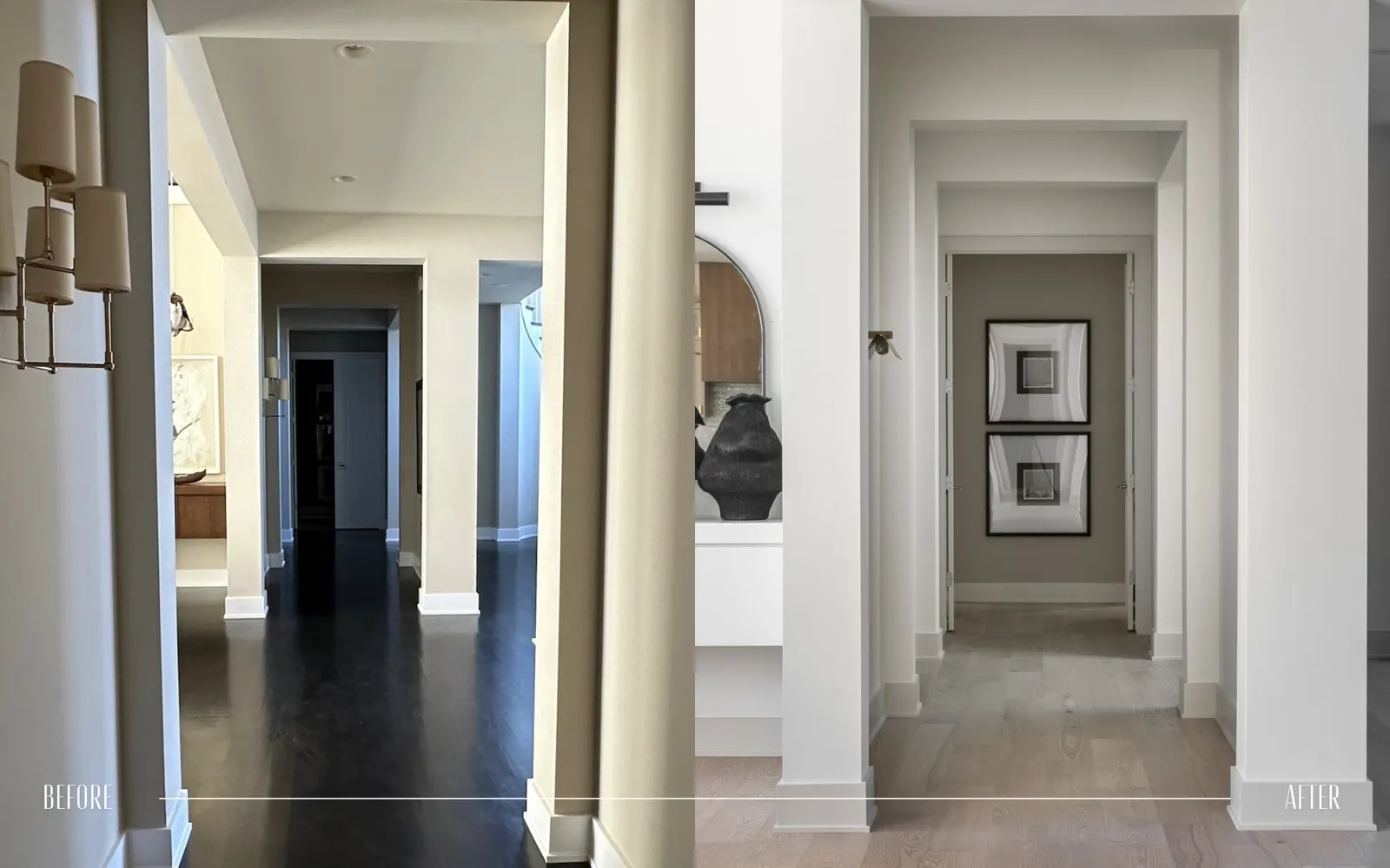 Side-by-side comparison of a hallway before and after renovation. The 'before' side shows a darker room with dark wood flooring and a slightly cluttered appearance. The 'after' side reveals a brighter space with light wood flooring, white walls, and
