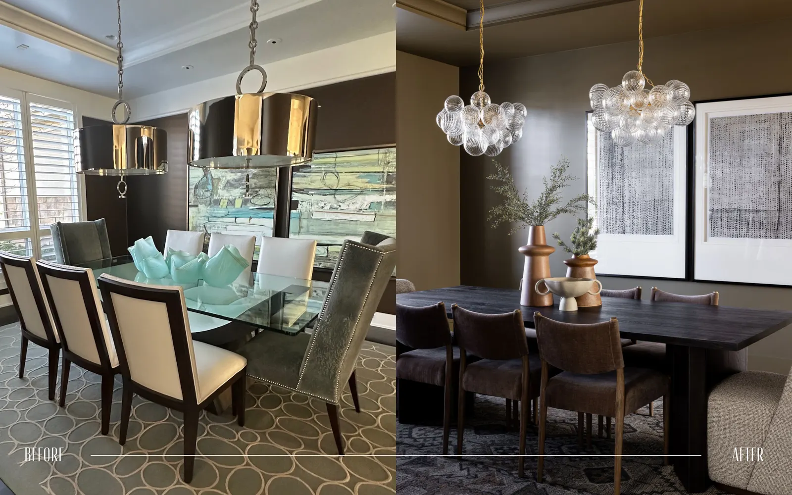 A side-by-side comparison of a dining room before and after renovation. The 'before' side features a light-filled room with a glass-top table, foldable chairs with upholstered seats, and metallic pendant lights, with a patterned carpet on the floor.