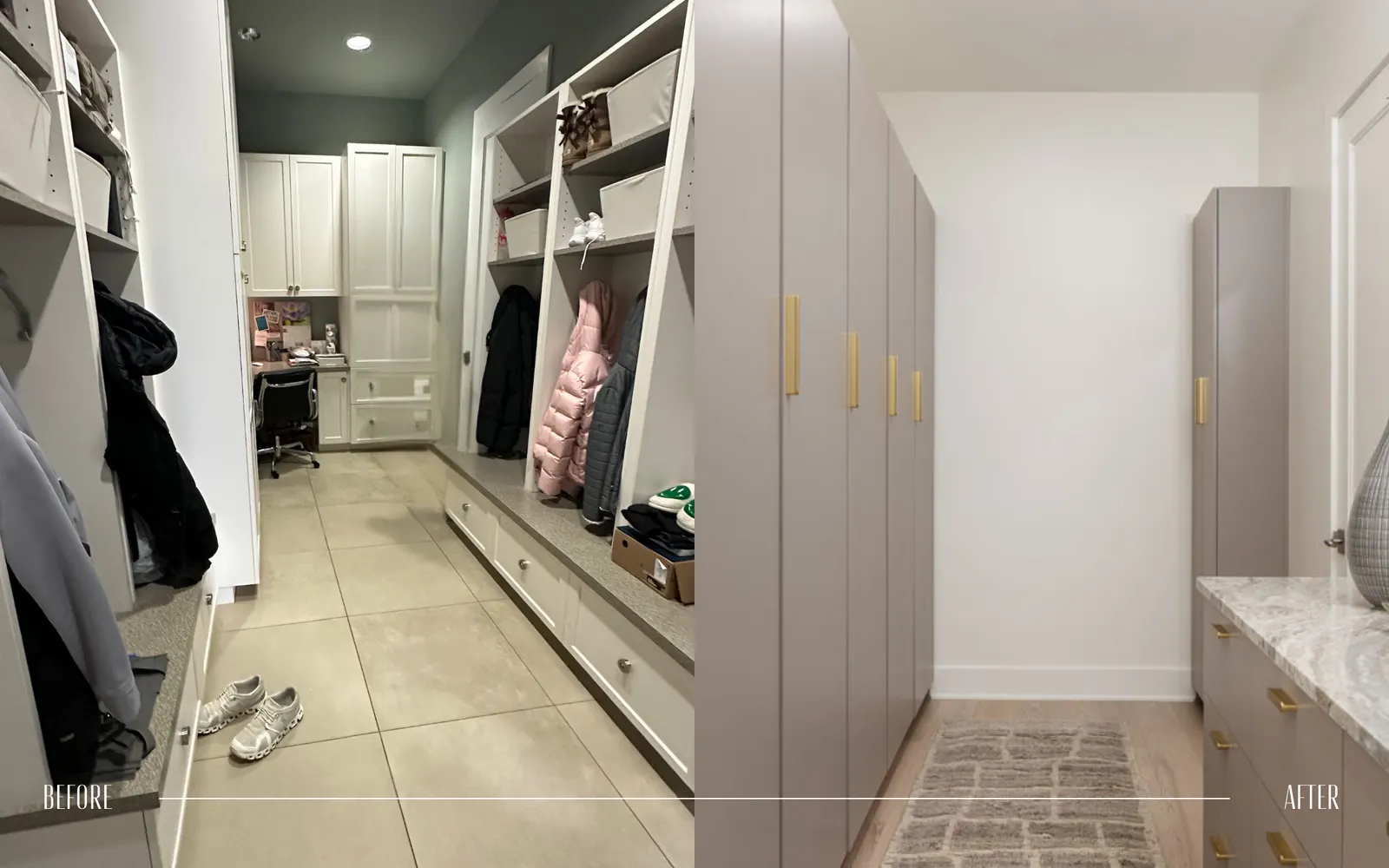 Side-by-side comparison of a walk-in closet before and after renovation. The before image shows a cluttered closet with shoes on the floor, jackets hanging, and an office space in the corner. The after image features a minimalist, modern closet with