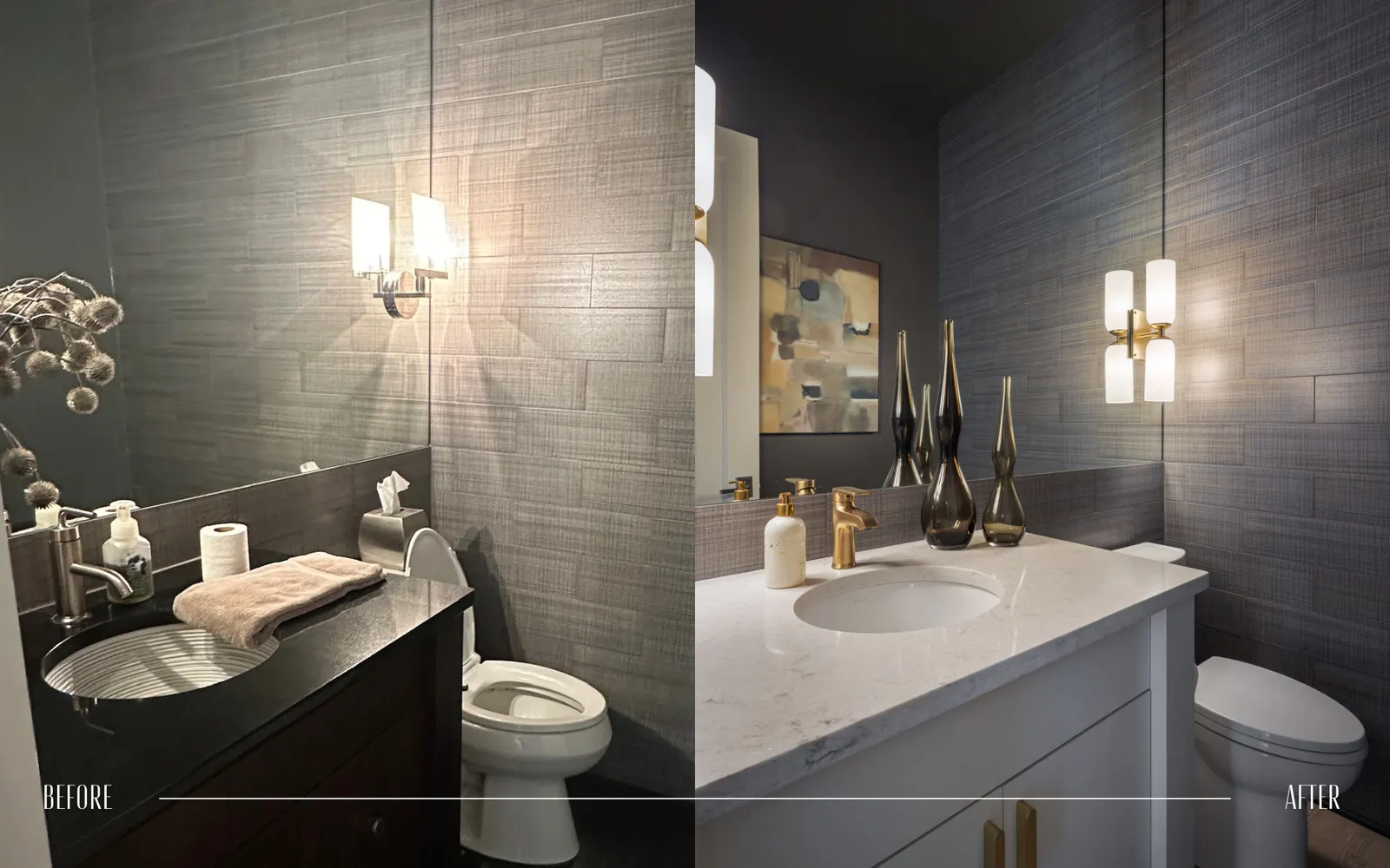 Side-by-side comparison of a bathroom before and after renovation. The before image shows a dark, outdated bathroom with a small sink, a toilet, and minimal decor. The after image depicts a modern, updated space with a white vanity, marble countertop