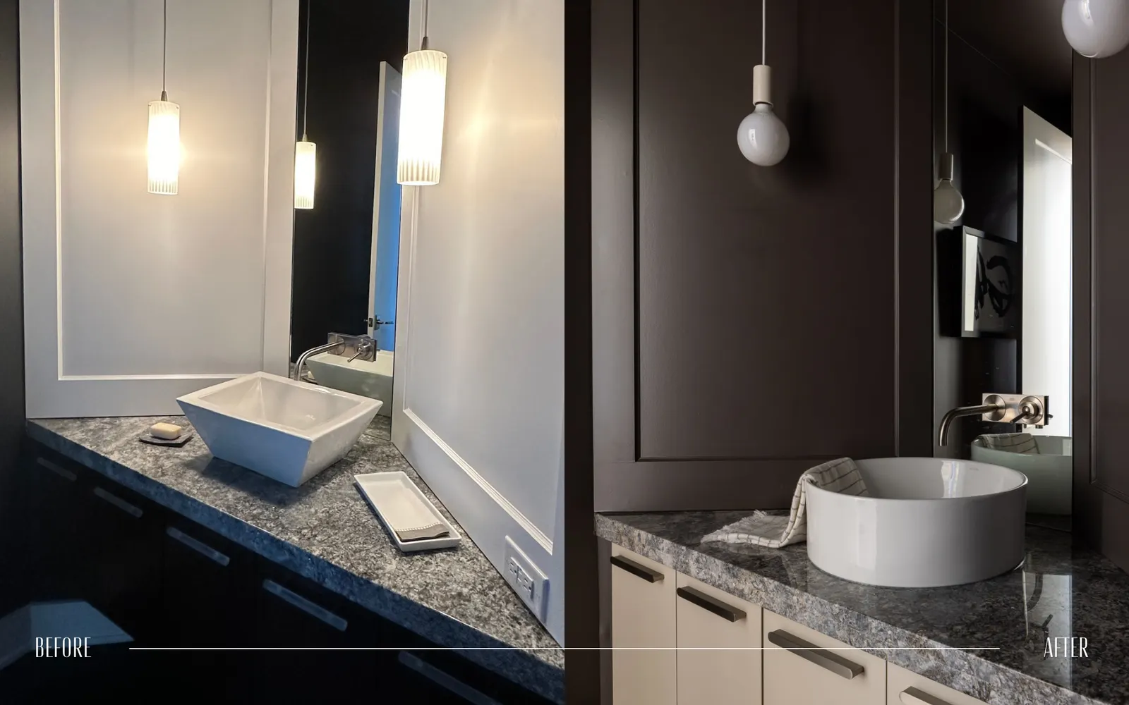 Side-by-side comparison of a bathroom before and after renovation. The 'before' shows a white vessel sink on a dark granite counter, with white cabinetry, tall pendant lights, and a mirror. The 'after' features a round, vessel sink with a towel, dark