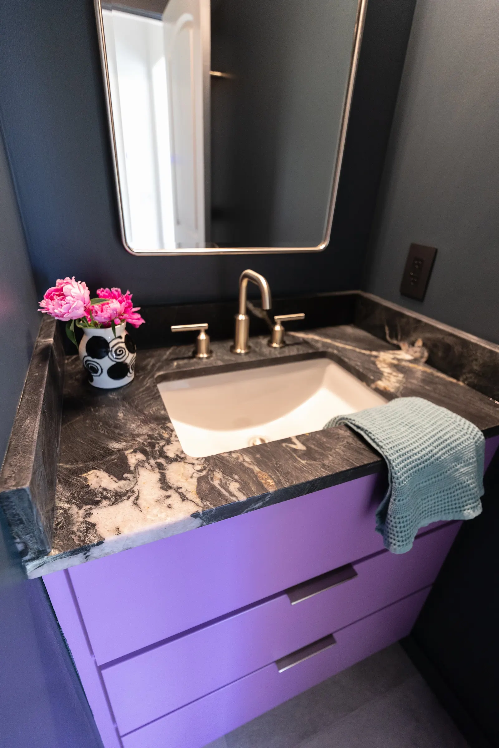 2007 Bathroom Remodel, tile floors, color drenching, violet vanity, dark quartz countertops, brushed nickel faucet, brushed nickel hardware, custom cabinets