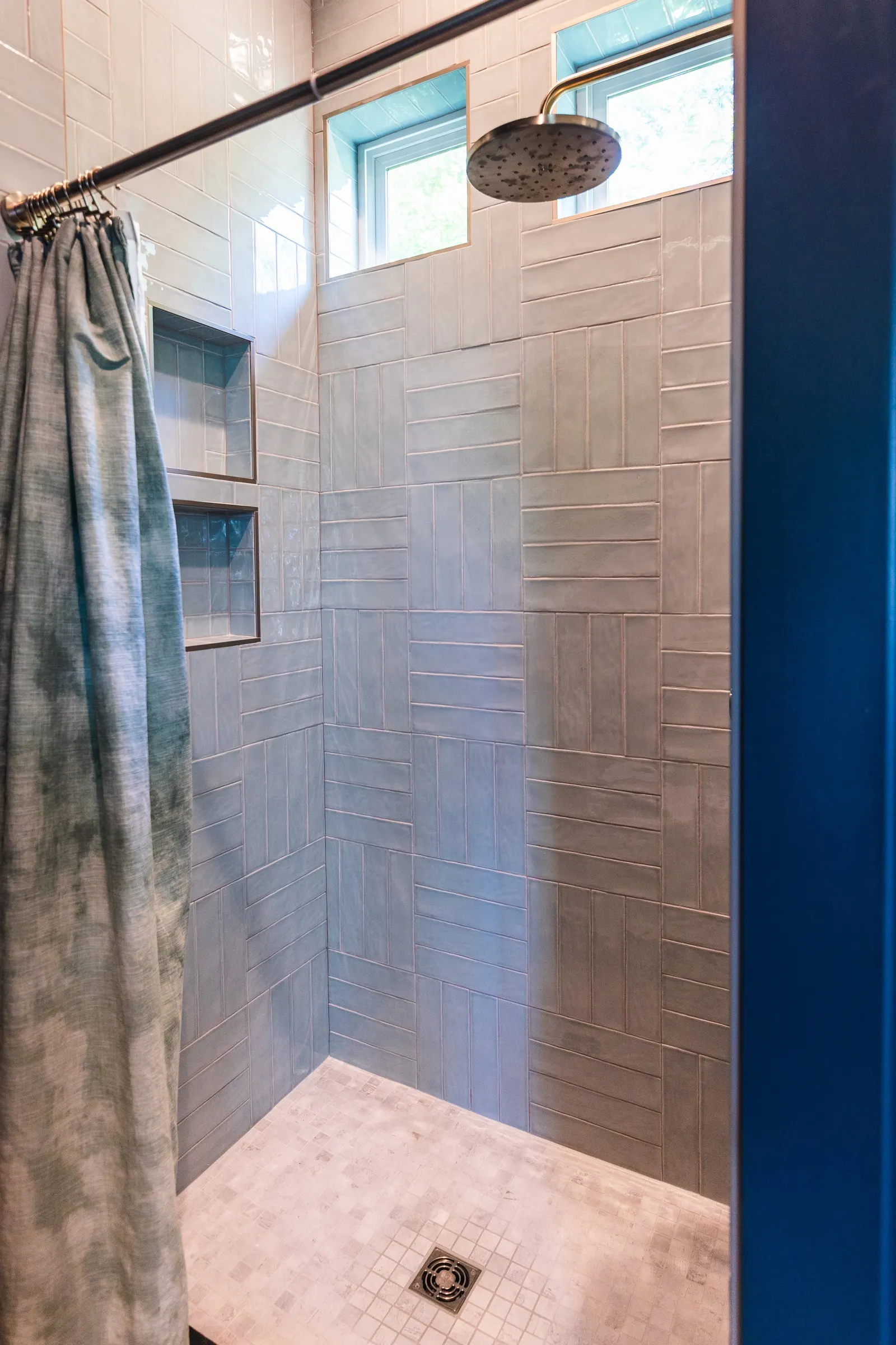 2007 Bathroom Remodel, tile floors, color drenching, violet vanity, dark quartz countertops, brushed nickel faucet, brushed nickel hardware, custom cabinets