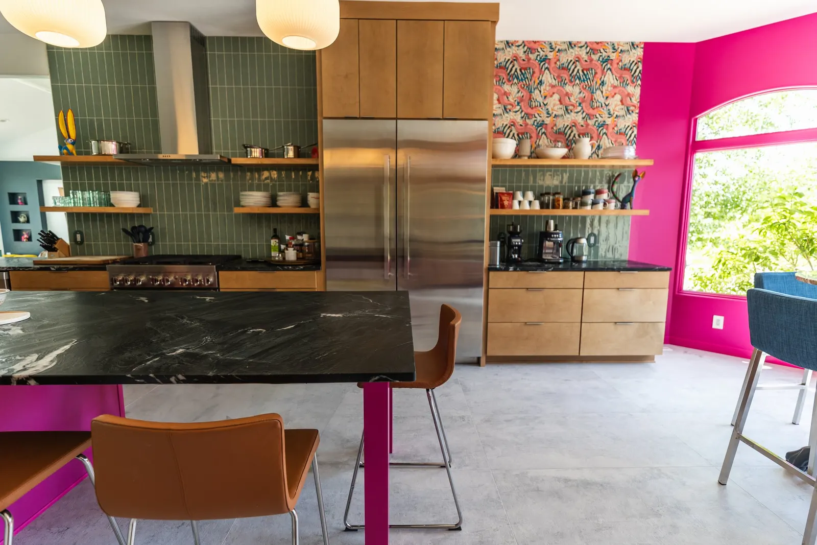 2007 Kitchen Remodel, vibrant pink accents, green tile backsplash, wooden cabinets, brushed nickel hardware, quartz countertop, large island, pendant lights, open shelving, floating shelves, tile floor, coffee bar, wallpaper, eat in kitchen, addition