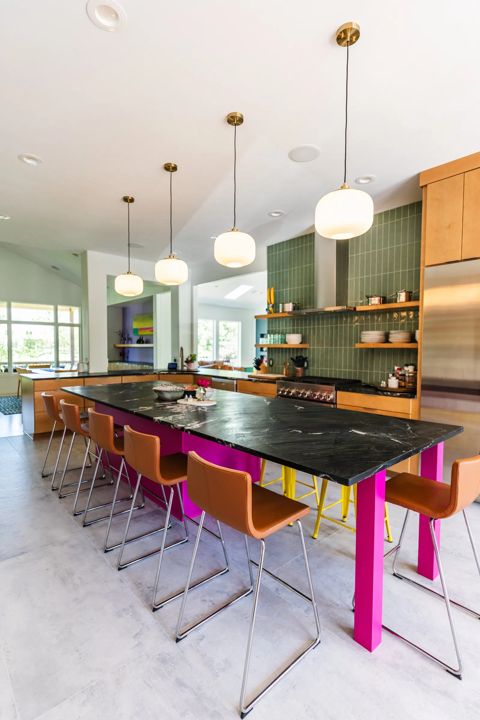 2007 Kitchen Remodel, vibrant pink accents, green tile backsplash, wooden cabinets, brushed nickel hardware, quartz countertop, large island, pendant lights, open shelving, floating shelves, tile floor, coffee bar, wallpaper, eat in kitchen, addition