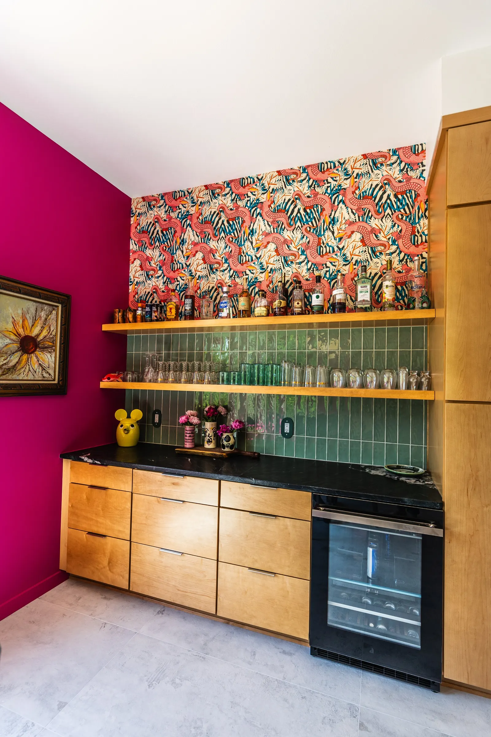 2007 Kitchen Remodel, vibrant pink accents, green tile backsplash, wooden cabinets, brushed nickel hardware, quartz countertop, large island, pendant lights, open shelving, floating shelves, tile floor, coffee bar, wallpaper, eat in kitchen, addition