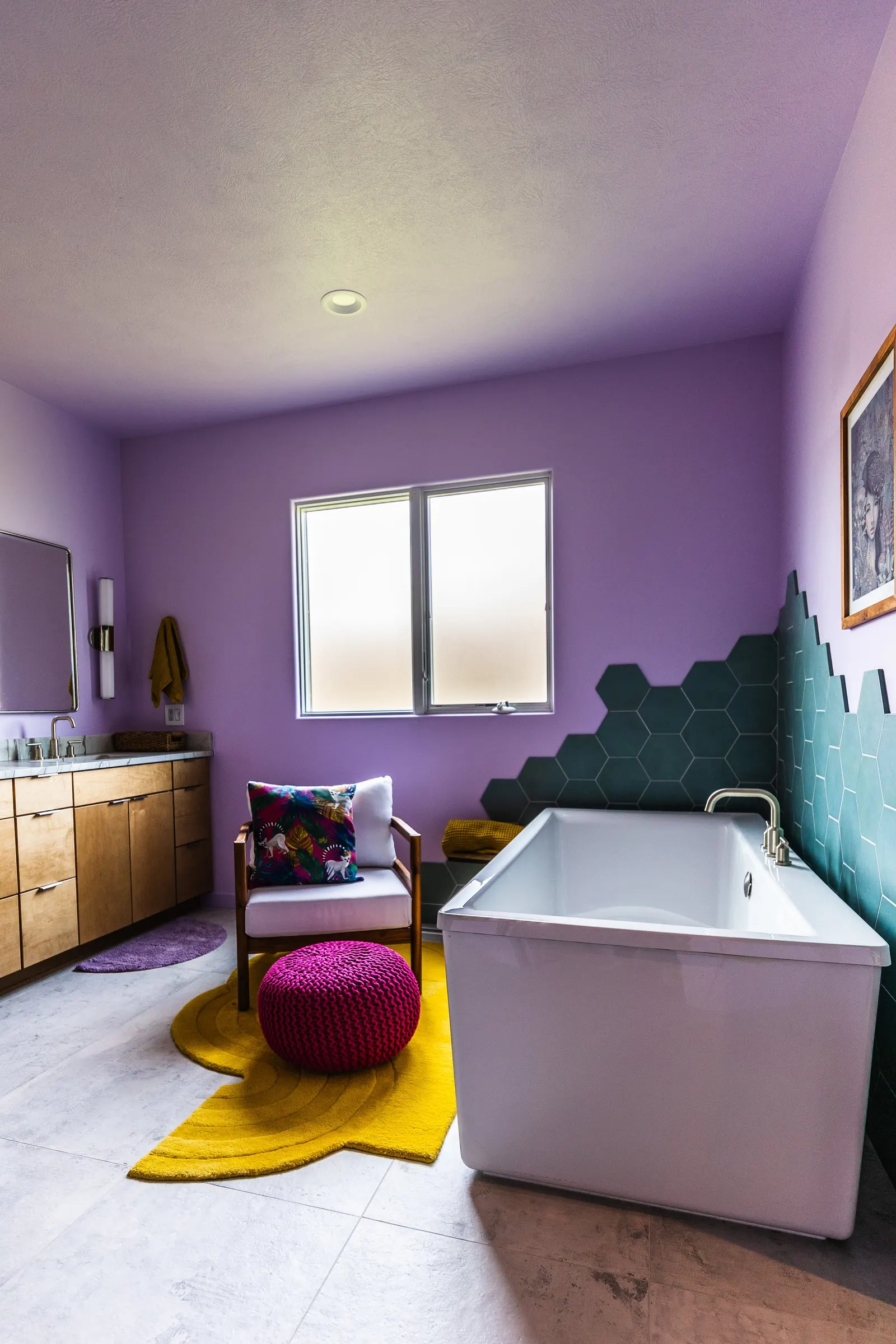 2007 Primary En-Suite Remodel, color drenching, violet, large windows, unique light fixtures, primary suite, tile floors, bathtub, hexagon tile, brushed nickel fixtures, brushed nickel hardware, bathroom suite.