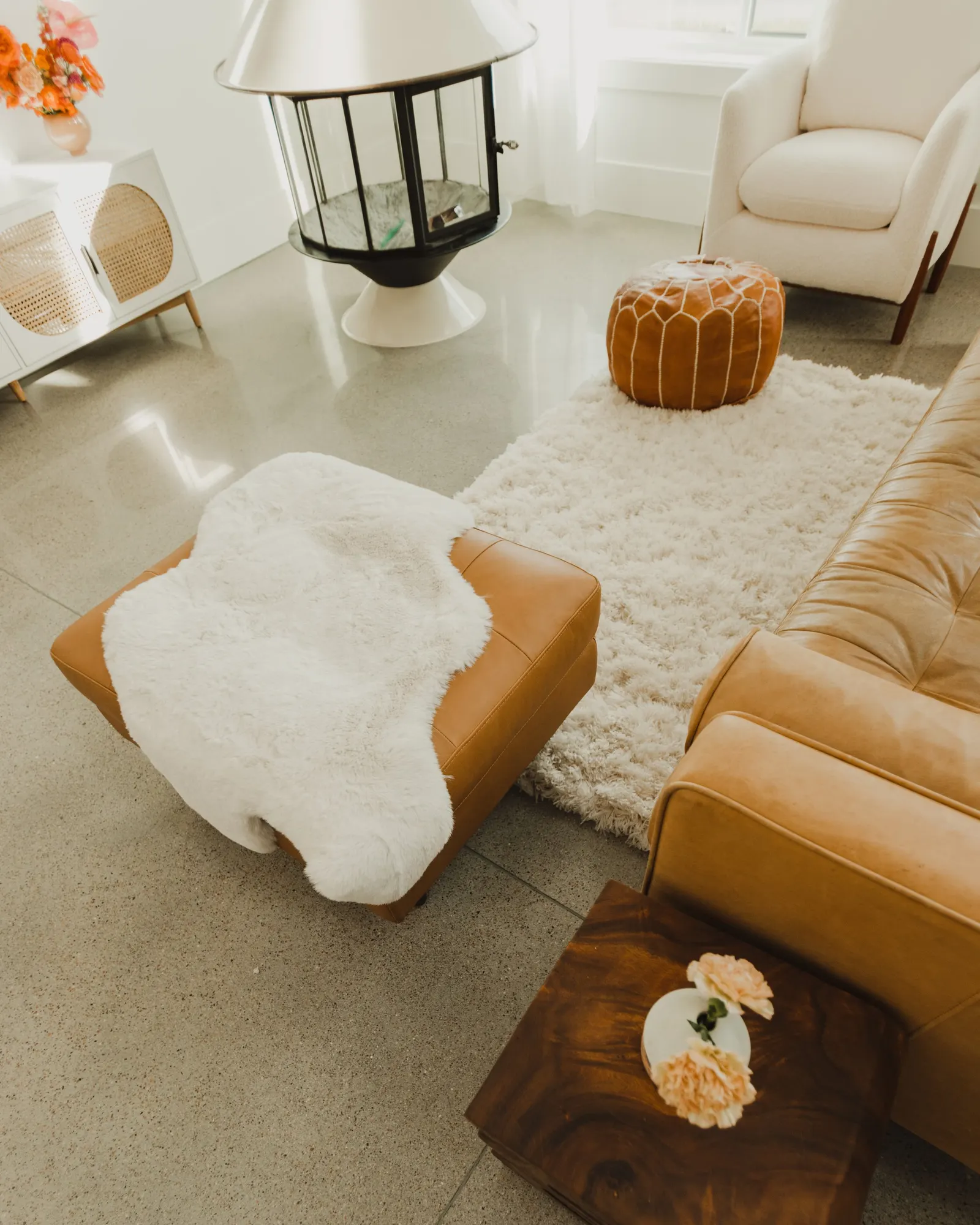 Modern living room, cement floors, open-plan living room, high vaulted ceiling, large windows, Dahlia House, new build, custom home, Air bnb, mid century design, modern, fireplace, Modern Design, fireplace, boho chic
