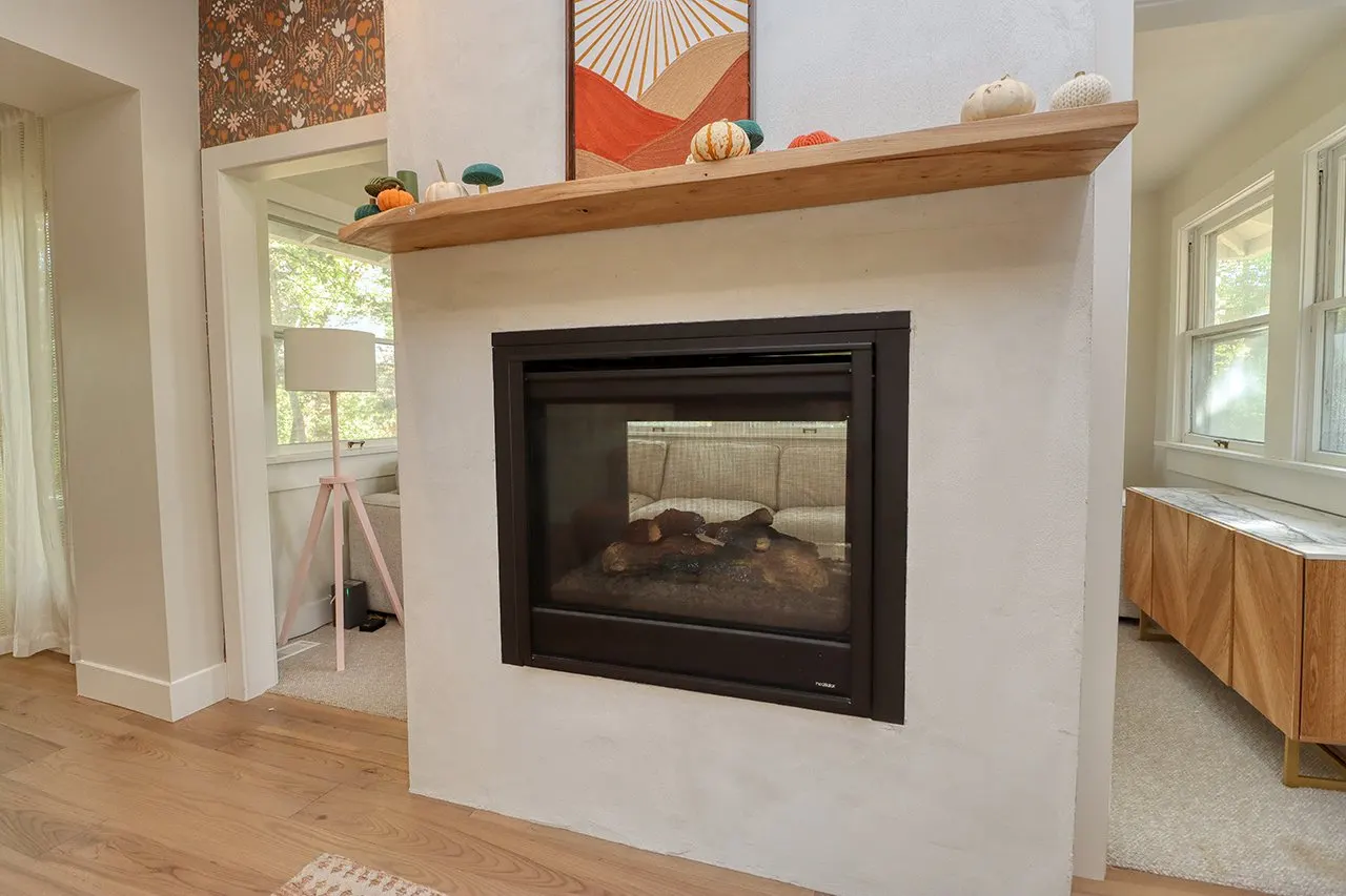 Forest House Living Room Remodel, whole home remodel, open concept, wood floors, boho chic, mid century modern design, can lighting, craftsmanship, fireplace, mantel.