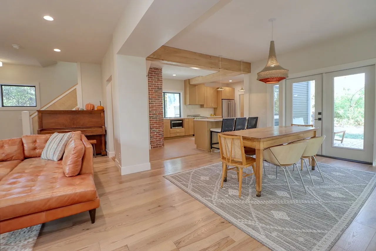 Forest House Remodel, whole home remodel, dining room, boho chic, wood floors, open plan concept.